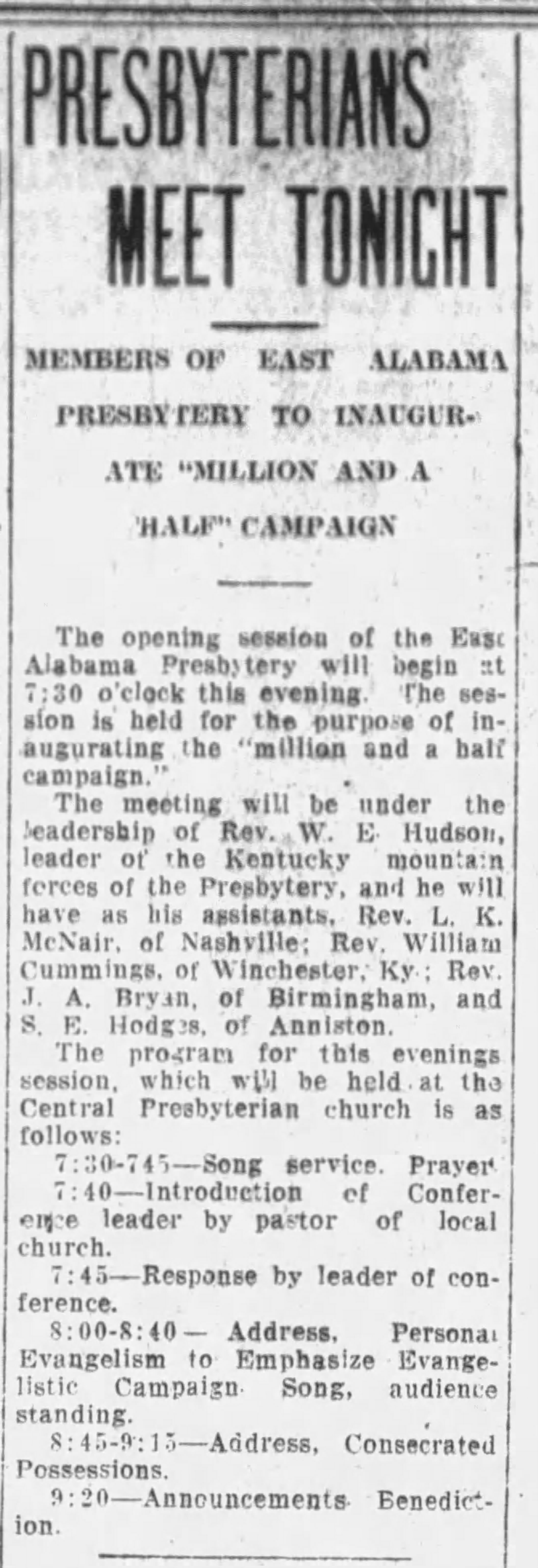 Presbyterians Meet Tonight